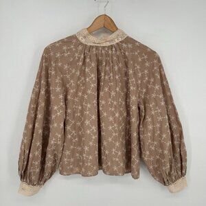 Zara Blouse Womens Small Brown Long Sleeve Embroidered Top Lace Collar